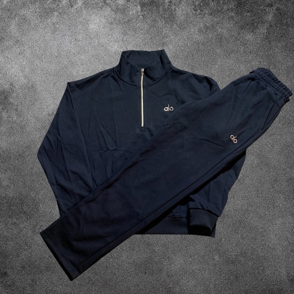 Alo Yoga Quarter Zip Pullover & Open Leg Sweatpants Set Mens Large Navy Blue EX